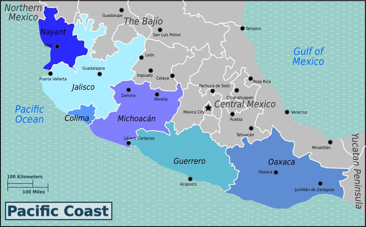 mapa da costa do pacífico de México