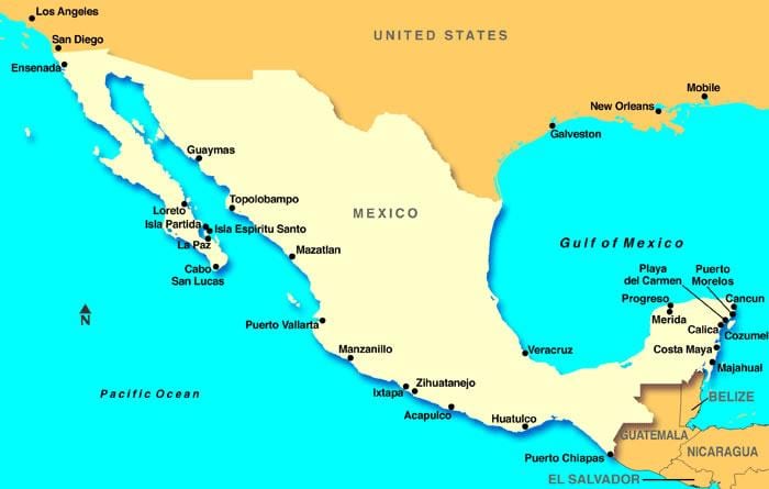 mapa de México cruceiro portos