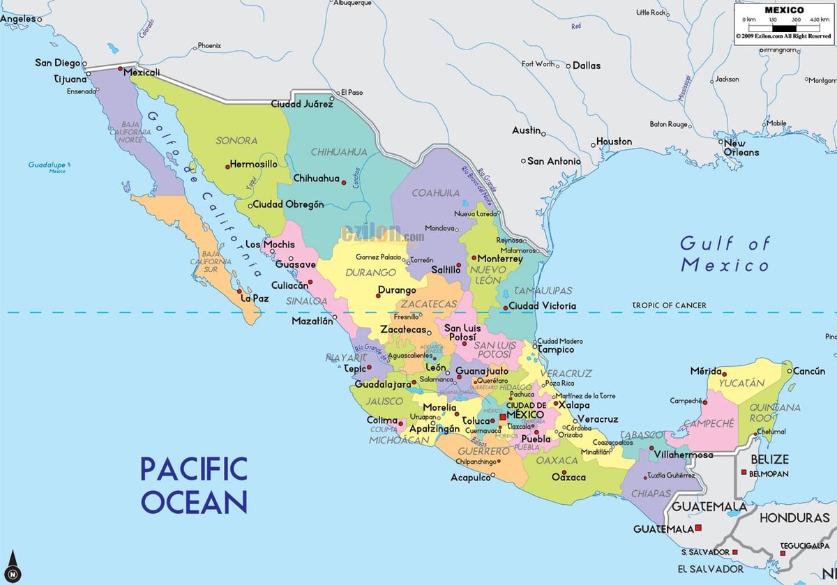 mapa de México con cidades e estados