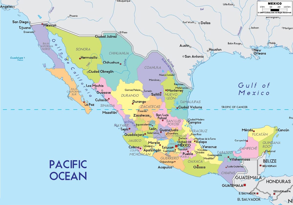 México mapa cos estados e cidades
