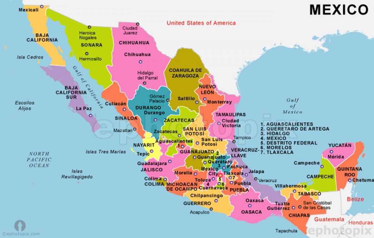 México mapa con unidos e capitais