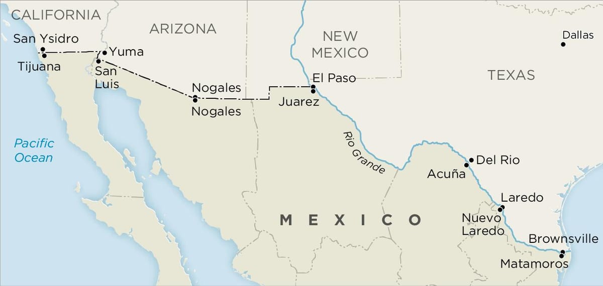 nós e México fronteira mapa