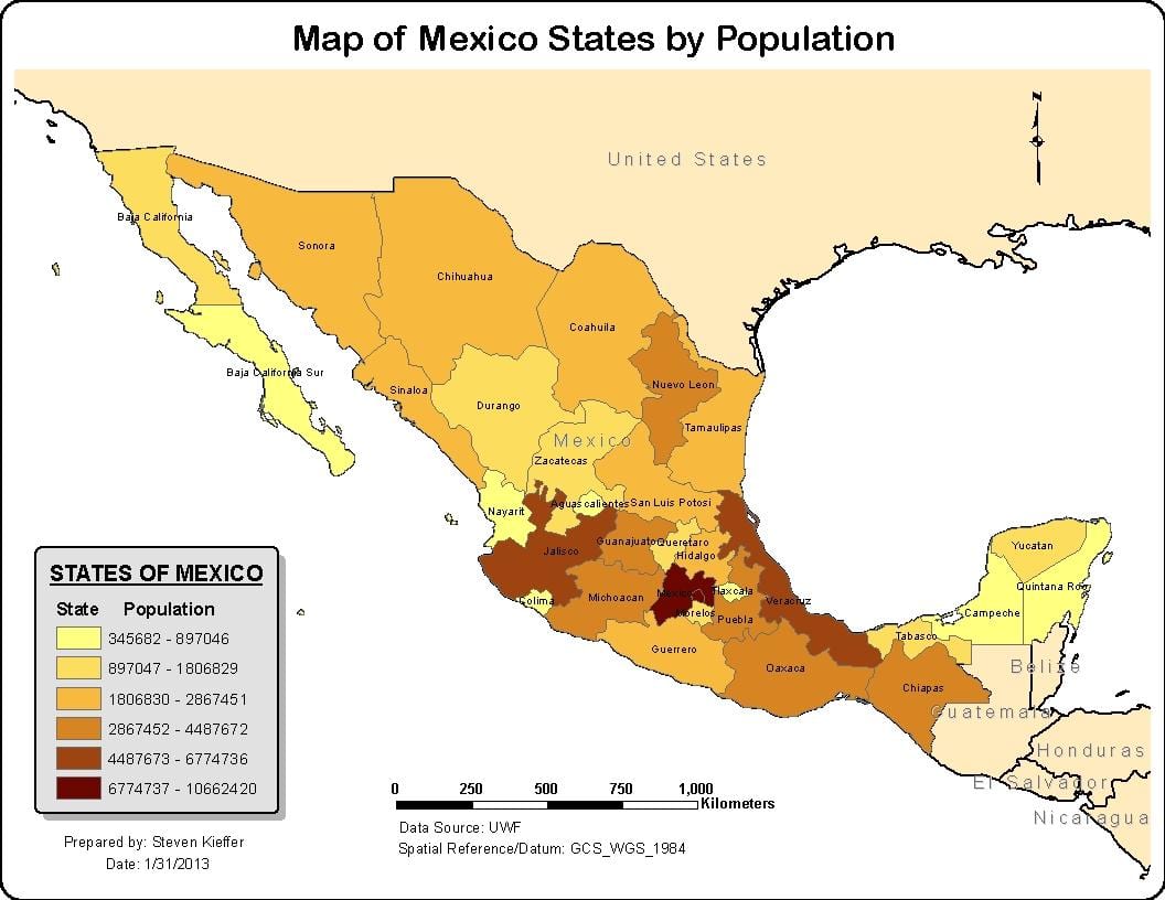 México mapa poboación