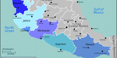 Mapa da costa do pacífico de México