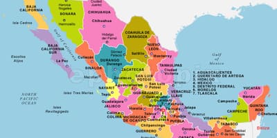 México mapa con unidos e capitais